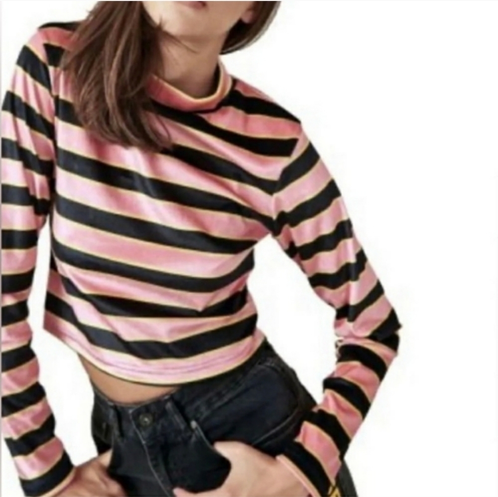 🚨CL:The Ragged Priest Velour Striped Mock Neck Crop Top Pink Black Yellow Large